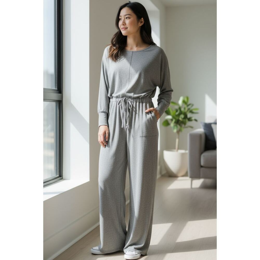 Soft Surroundings Gray Knit Jumpsuit Drawstring Waist Long Slve Women's Petite M
